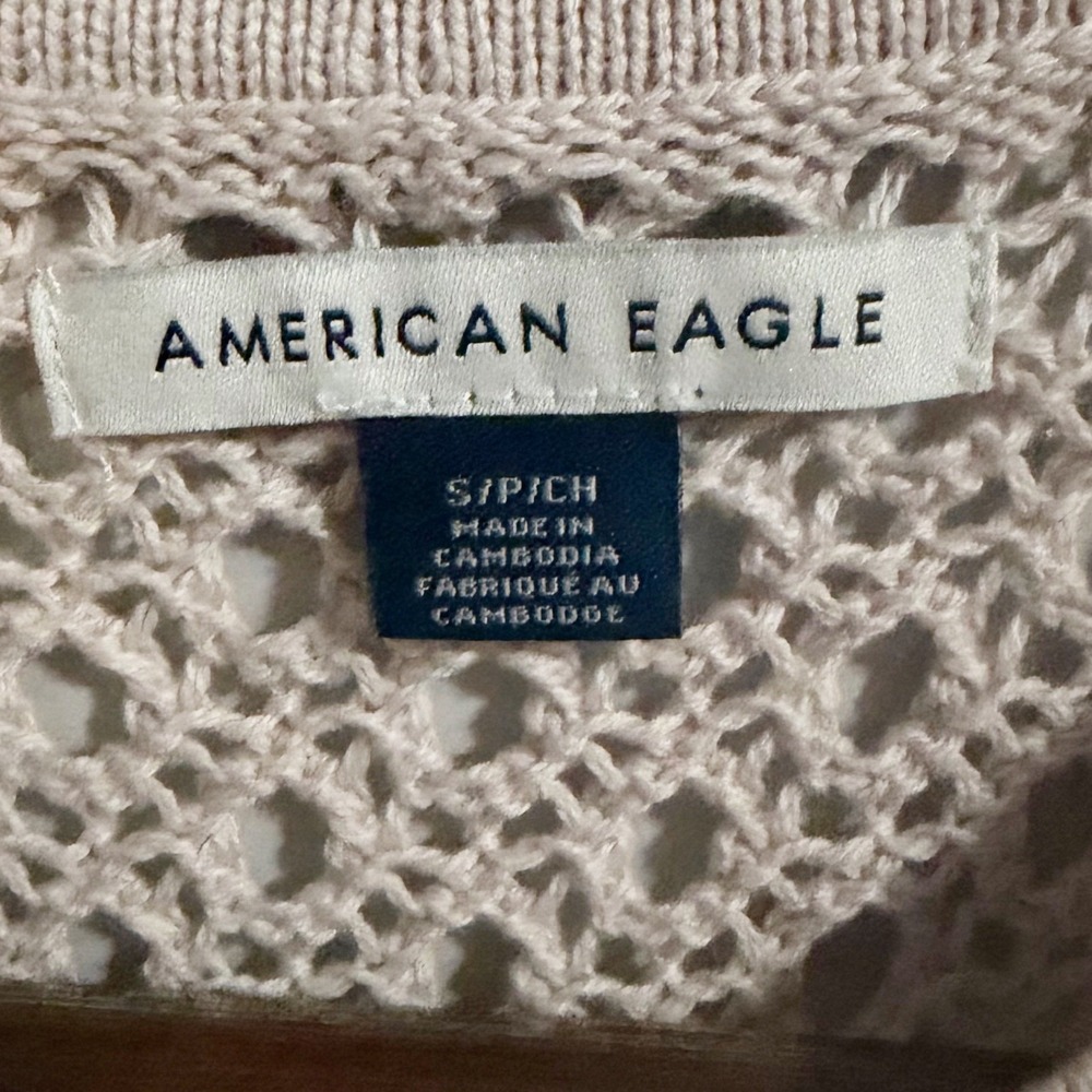 American Eagle Sweater Top Women Size S Cream Pointelle Knit Scalloped Hem Boho - Picture 3 of 7